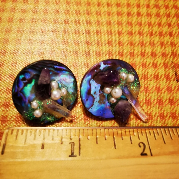 Handmade Abalone and Crystal Round Pierced Earrings - Picture 10 of 15